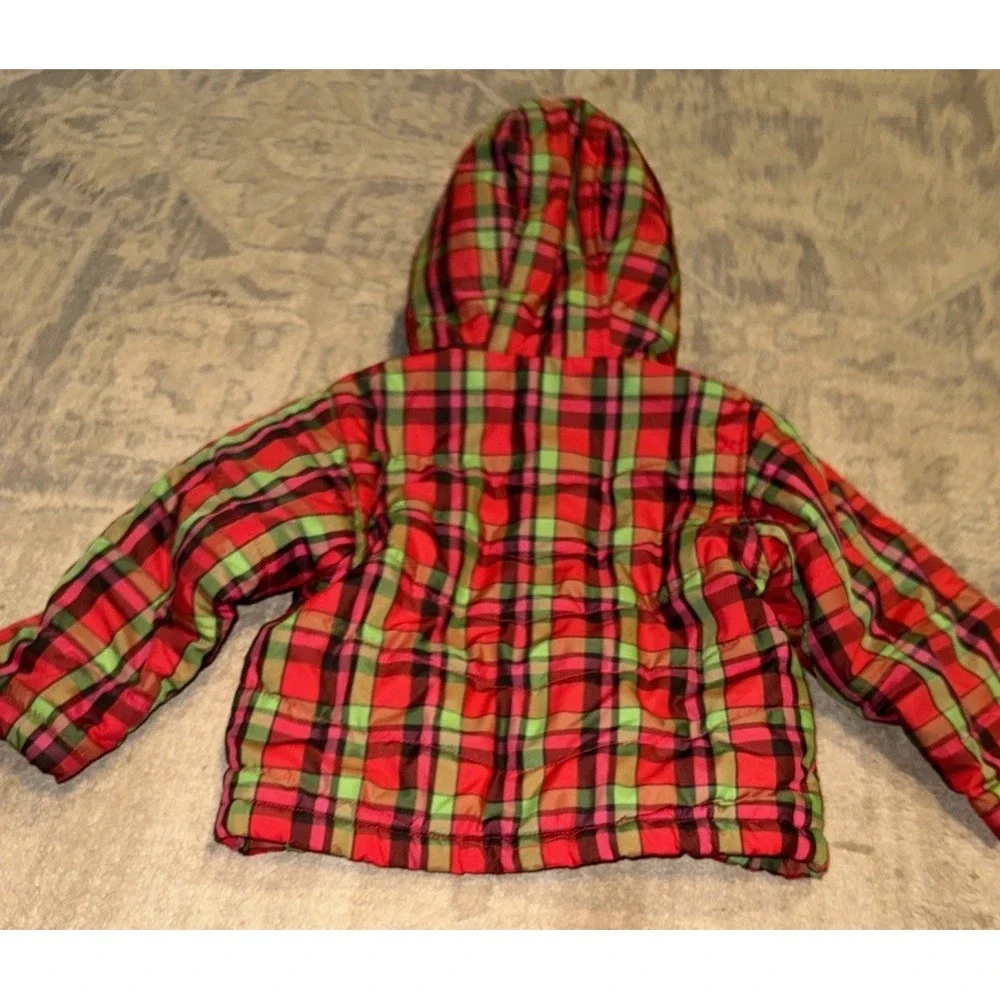 BABY GAP Ruffle Front Zip Red Green Check Jacket Coat‎ W Hood Size 3 Years
